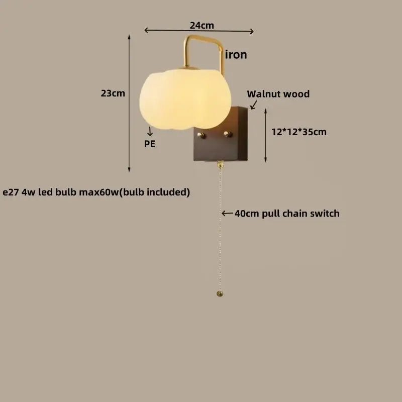 Modern walnut and brass glass wall light fixture bedroom sconce