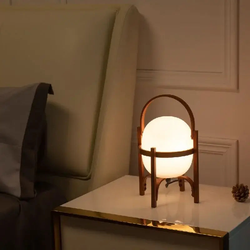 Japanese minimalist wood metal table lamp bedroom spherical light