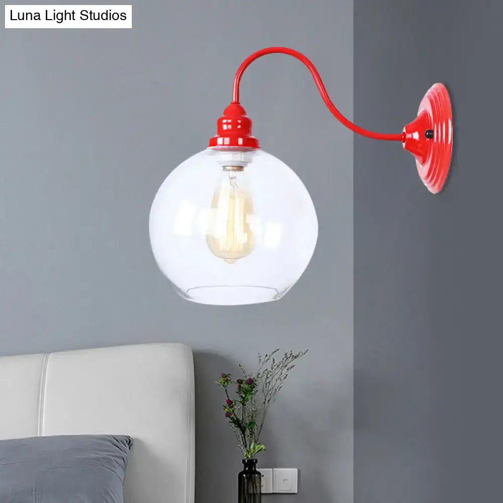 Industrial red metal and glass globe wall light fixture bedroom sconce