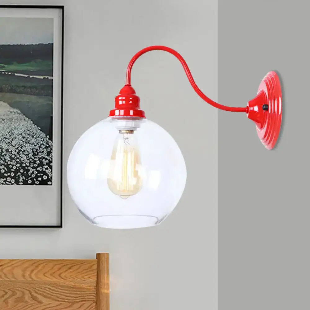 Industrial red metal and glass globe wall light fixture bedroom sconce