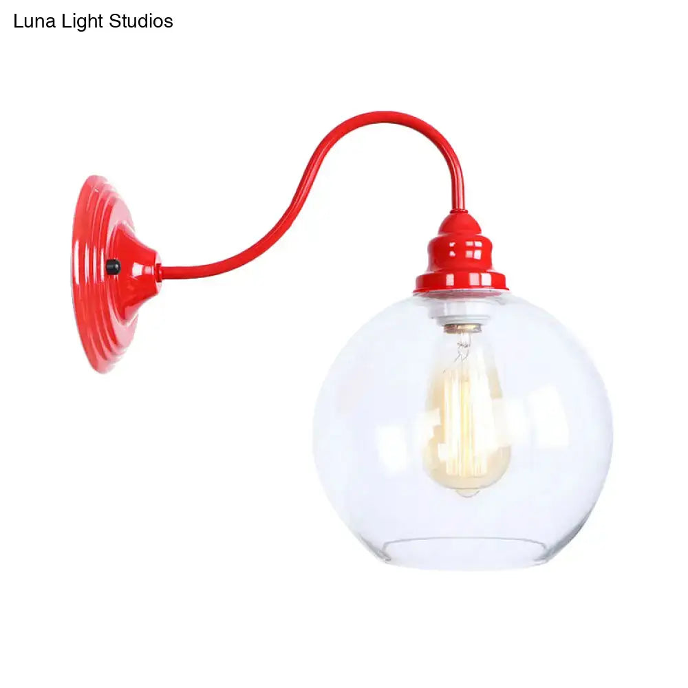 Industrial red metal and glass globe wall light fixture bedroom sconce