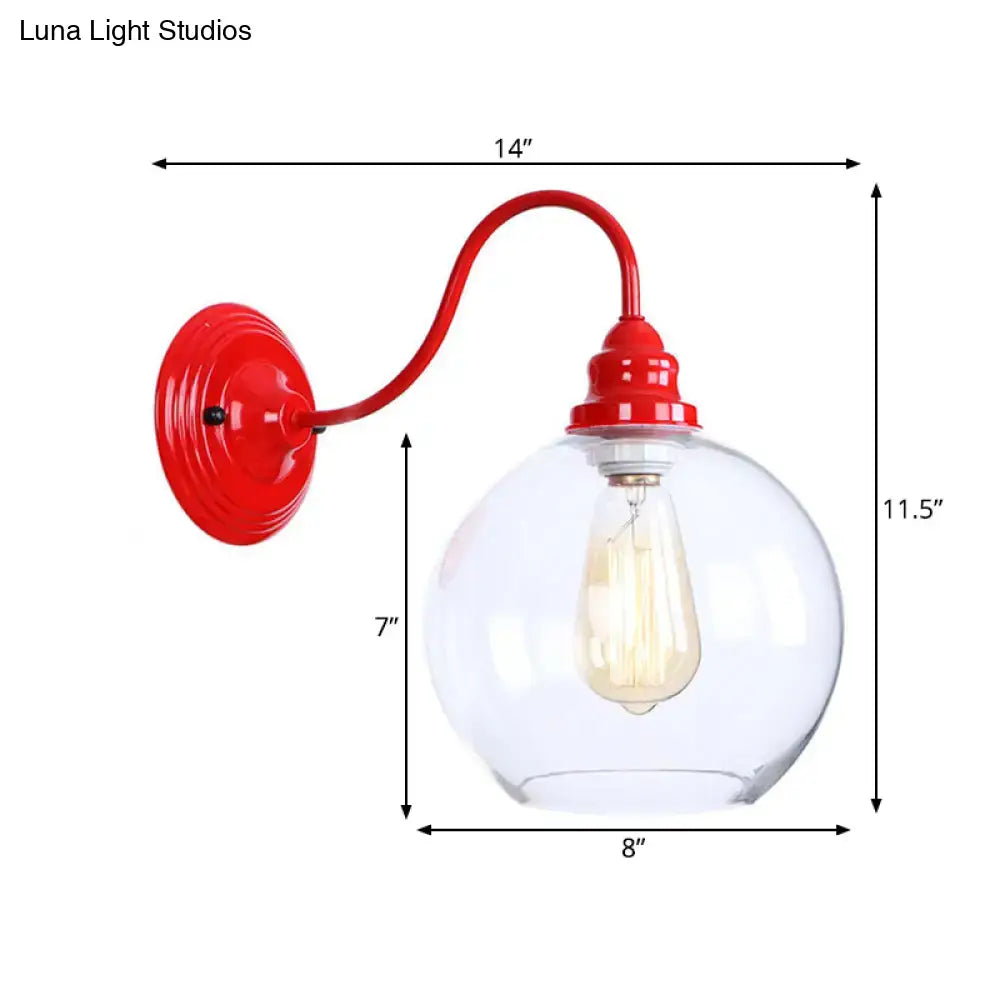 Industrial red metal and glass globe wall light fixture bedroom sconce