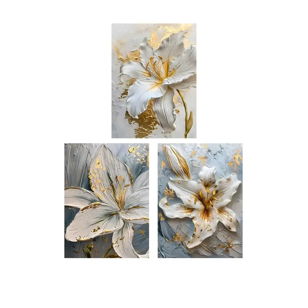 Abstract white & gold flower canvas wall art living room 3 panel decor
