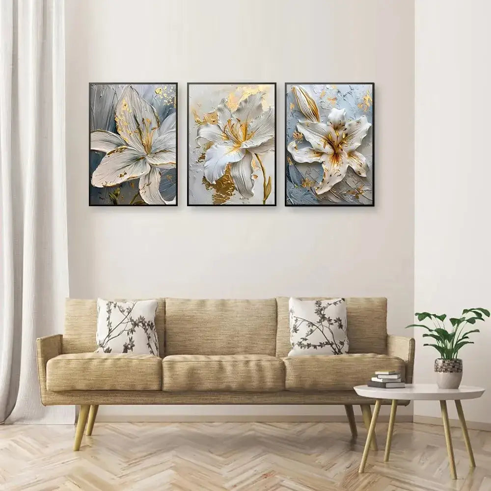 Abstract white & gold flower canvas wall art living room 3 panel decor