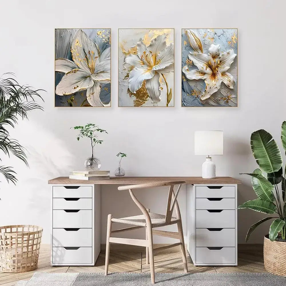 Abstract white & gold flower canvas wall art living room 3 panel decor