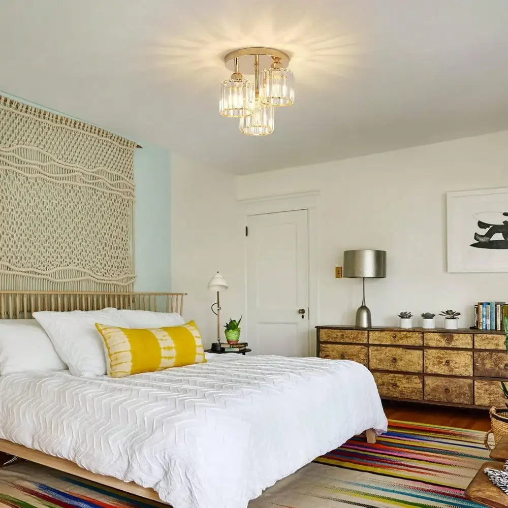 Gold crystal three light semi mount ceiling light bedroom