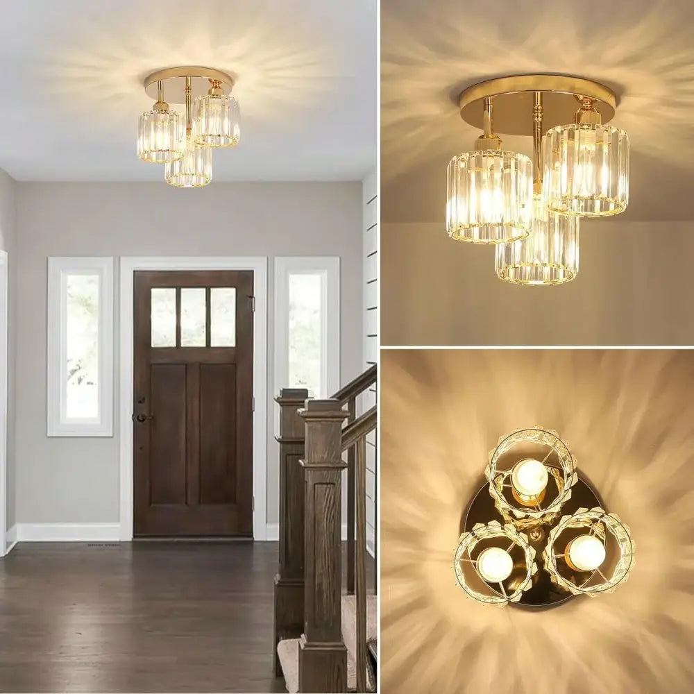 Gold crystal three light semi mount ceiling light bedroom