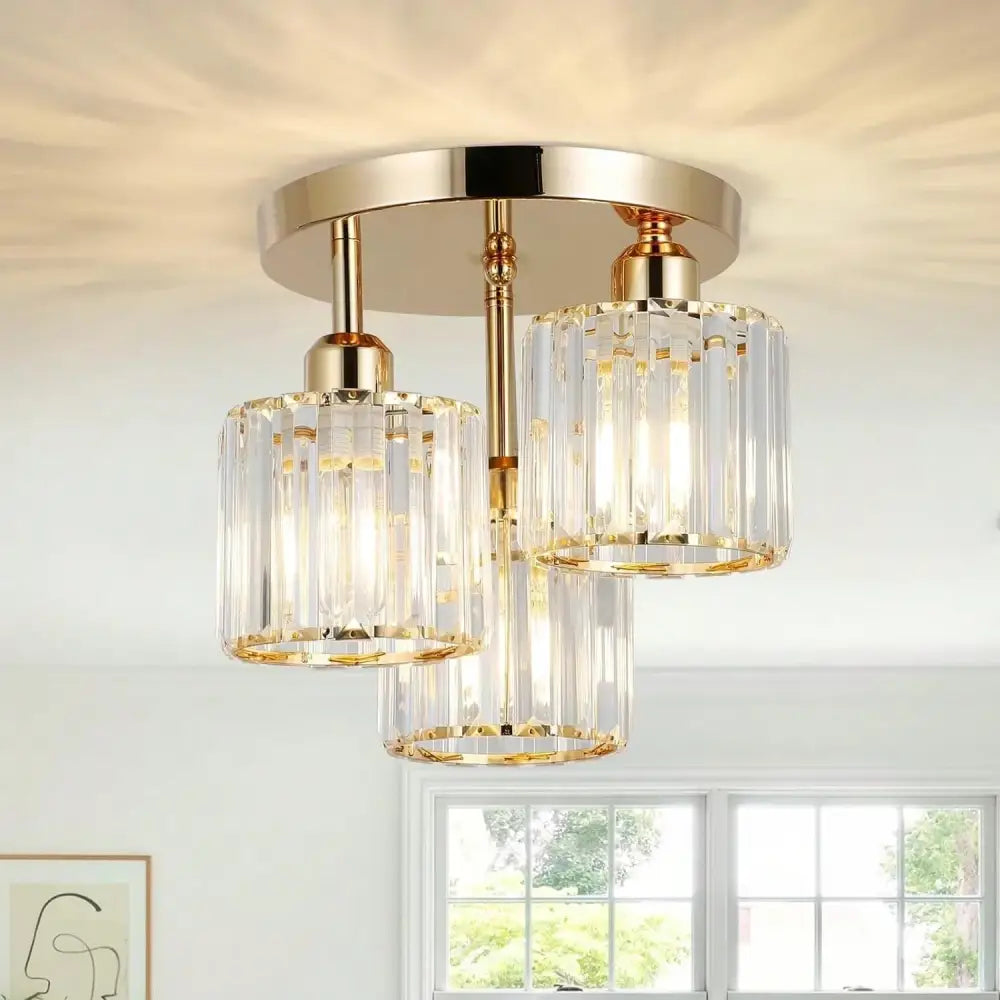 Gold crystal three light semi mount ceiling light bedroom