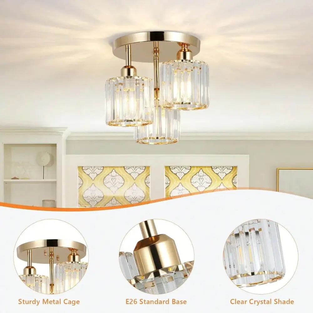 Gold crystal three light semi mount ceiling light bedroom
