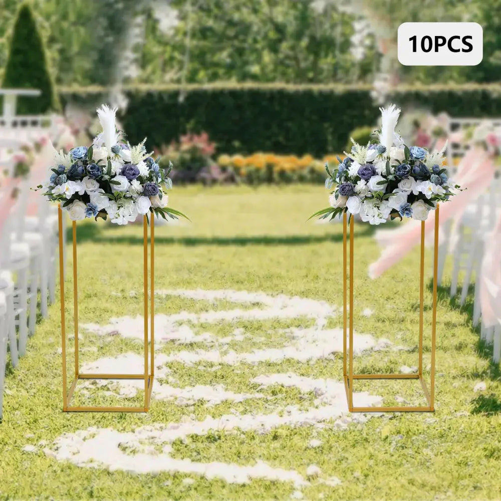 Gold metal wedding flower stand set with pink roses for dining room