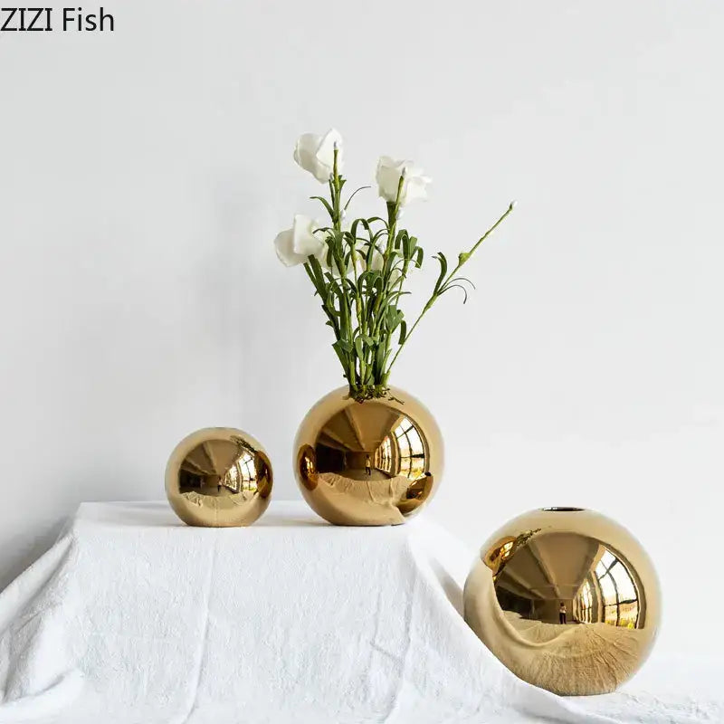 Glossy golden ball ceramic vase set living room decor