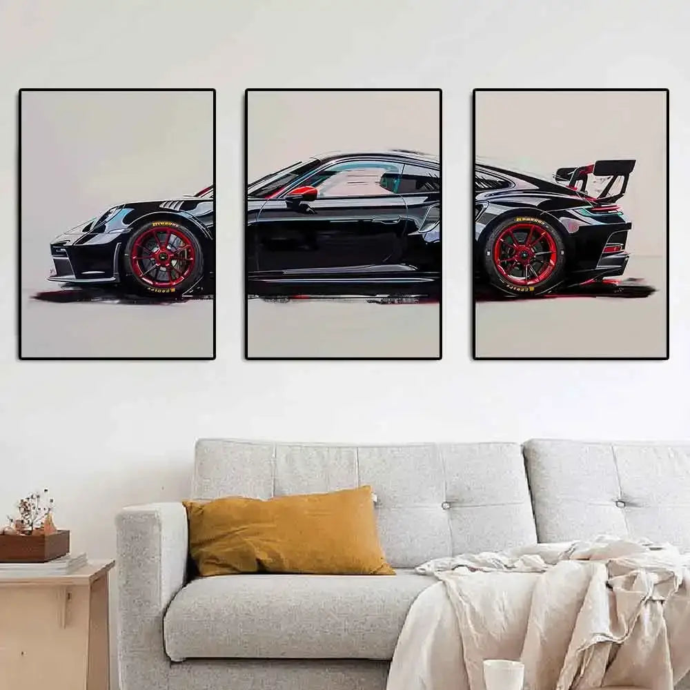 Modern black & red gt3 rs graffiti wall art living room triptych