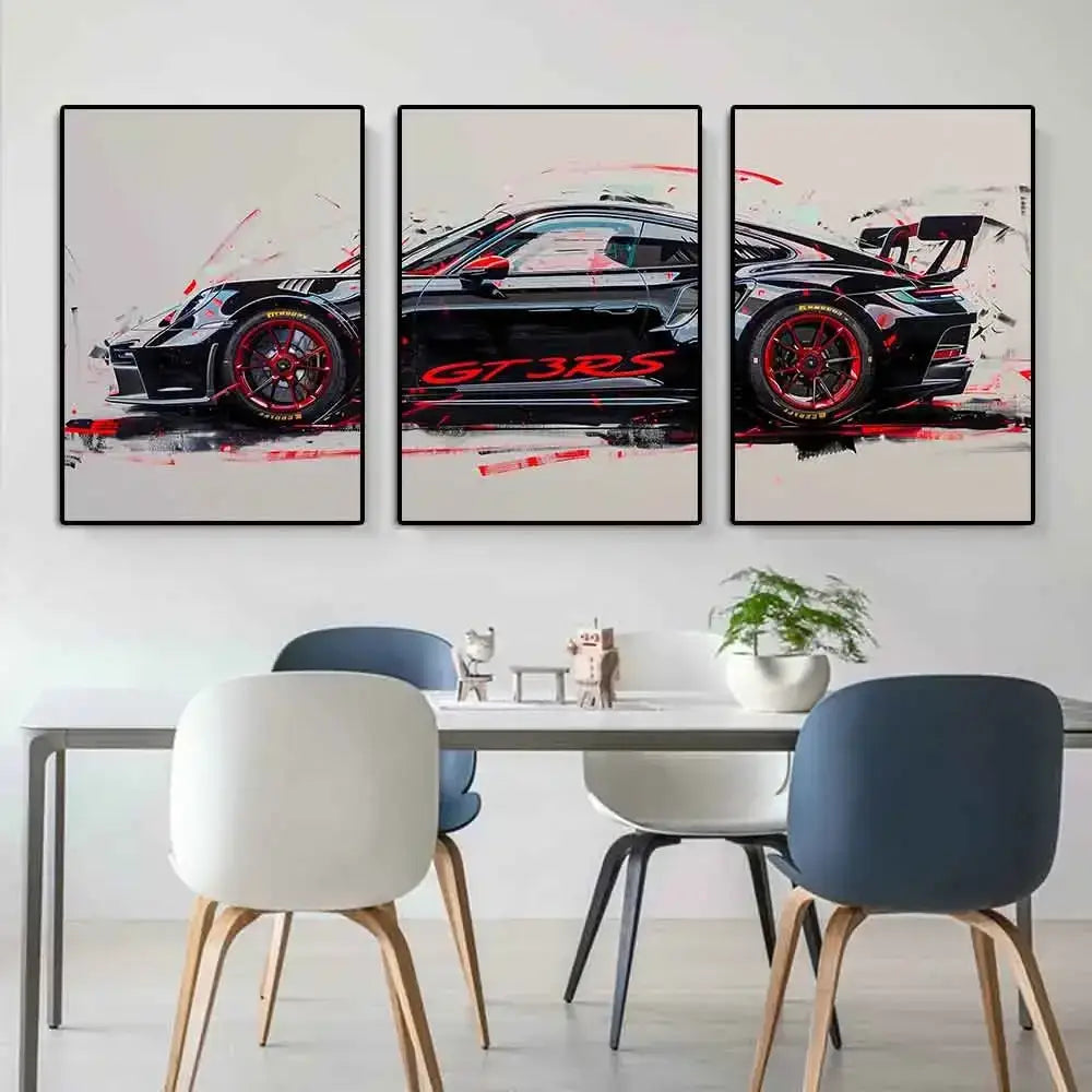 Modern black & red gt3 rs graffiti wall art living room triptych