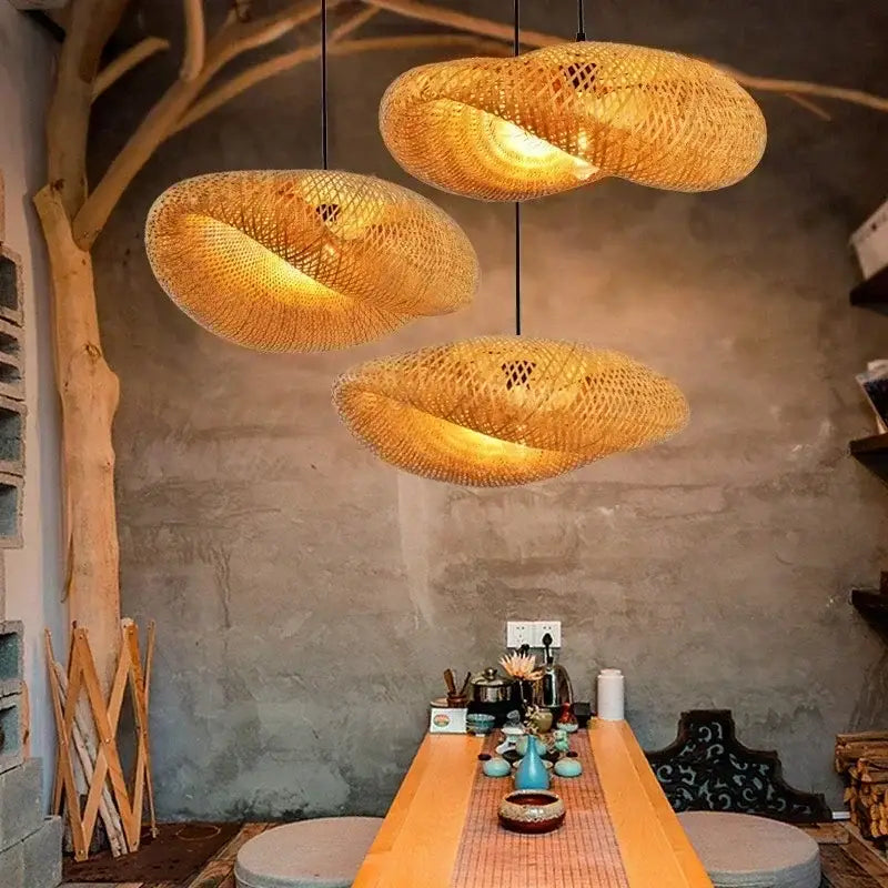 Boho natural bamboo pendant ceiling light dining room woven lamp