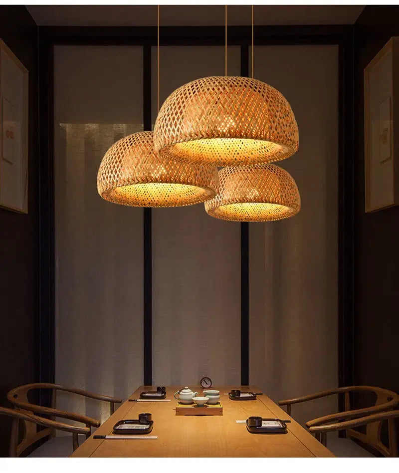 Boho natural bamboo pendant ceiling light dining room woven lamp