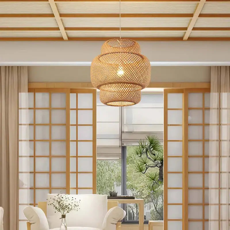 Boho natural bamboo pendant ceiling light dining room woven lamp