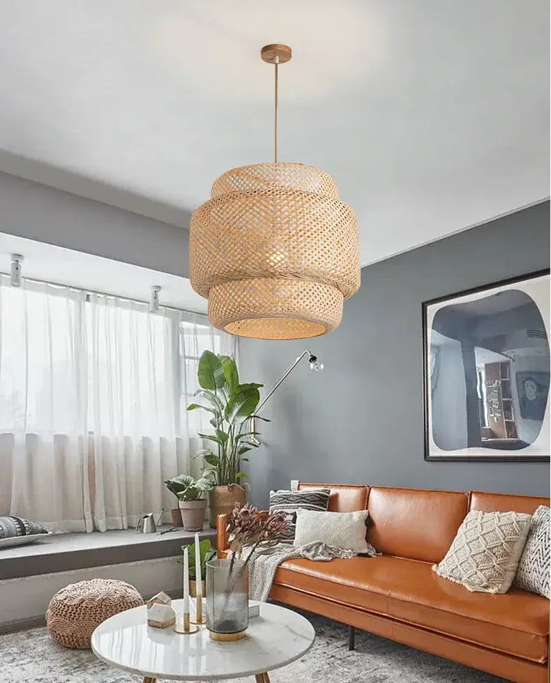 Handcrafted tiered natural bamboo pendant lamp for dining room
