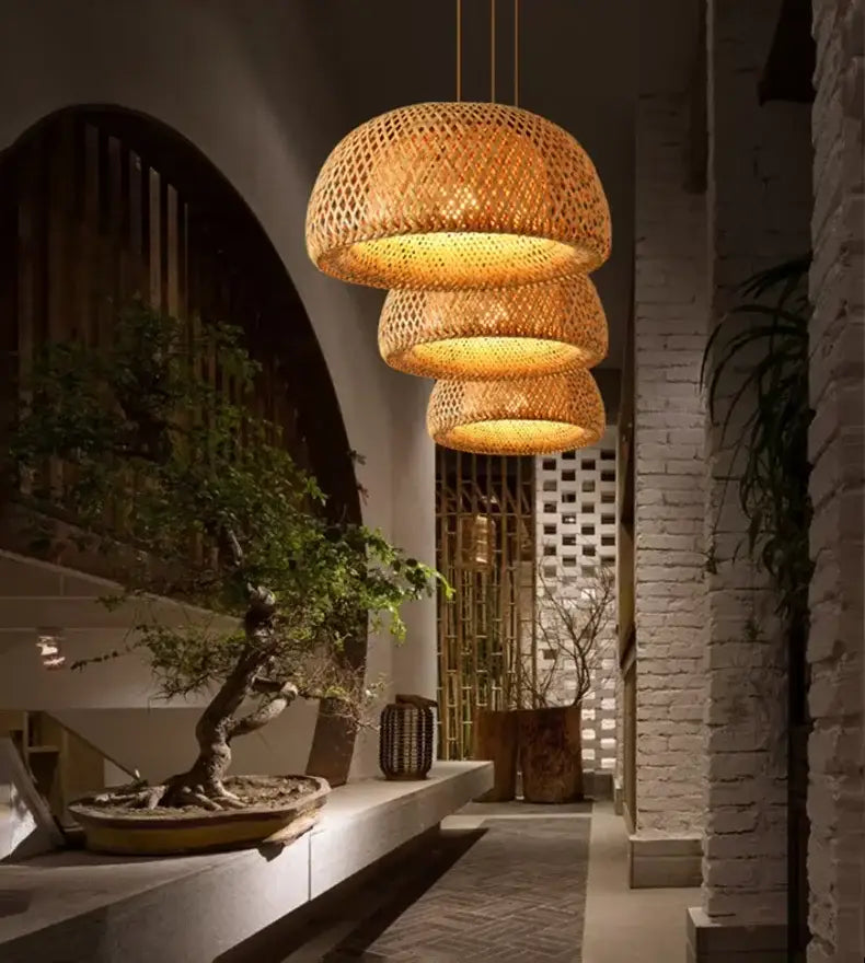 Handcrafted tiered natural bamboo pendant lamp for dining room