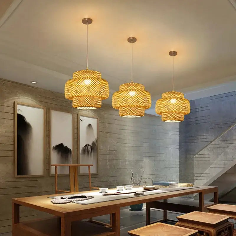 Handcrafted tiered natural bamboo pendant lamp for dining room