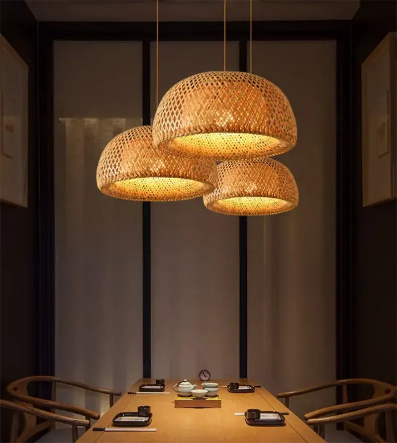 Handcrafted tiered natural bamboo pendant lamp for dining room