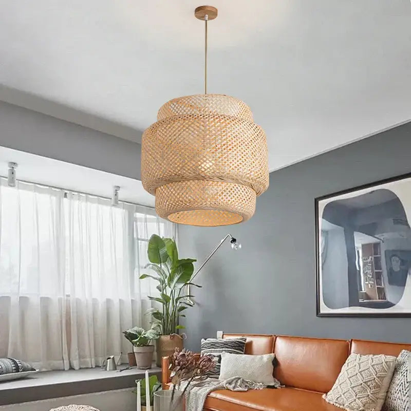 Handcrafted tiered natural bamboo pendant lamp for dining room