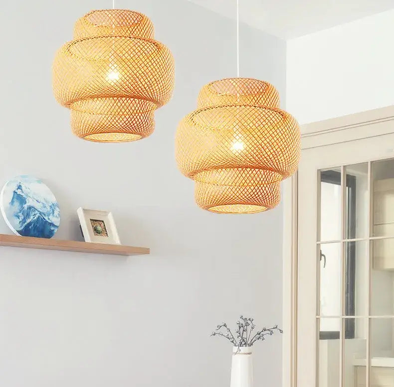 Handcrafted tiered natural bamboo pendant lamp for dining room