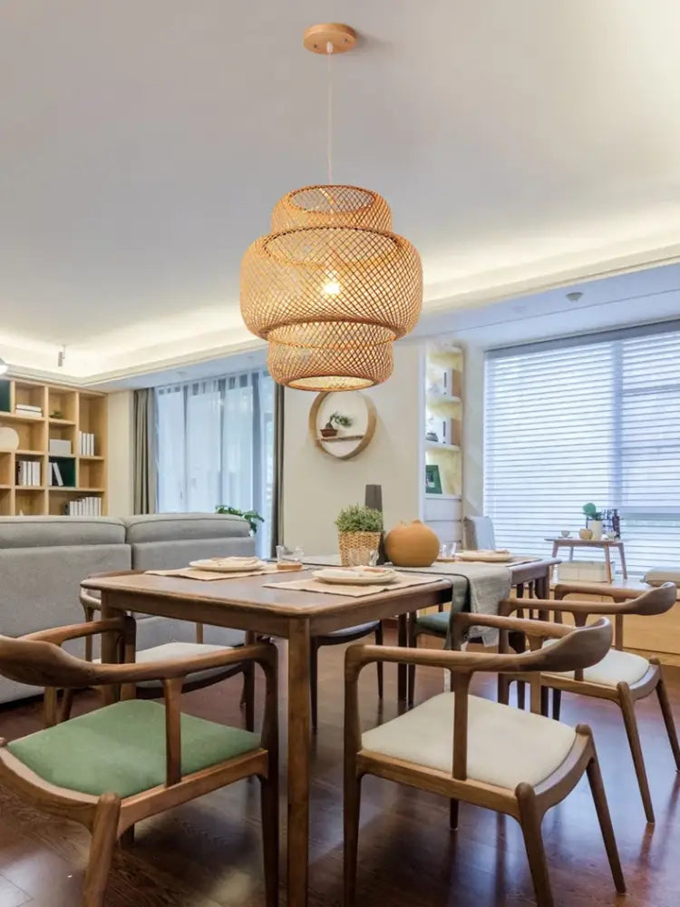 Handcrafted tiered natural bamboo pendant lamp for dining room