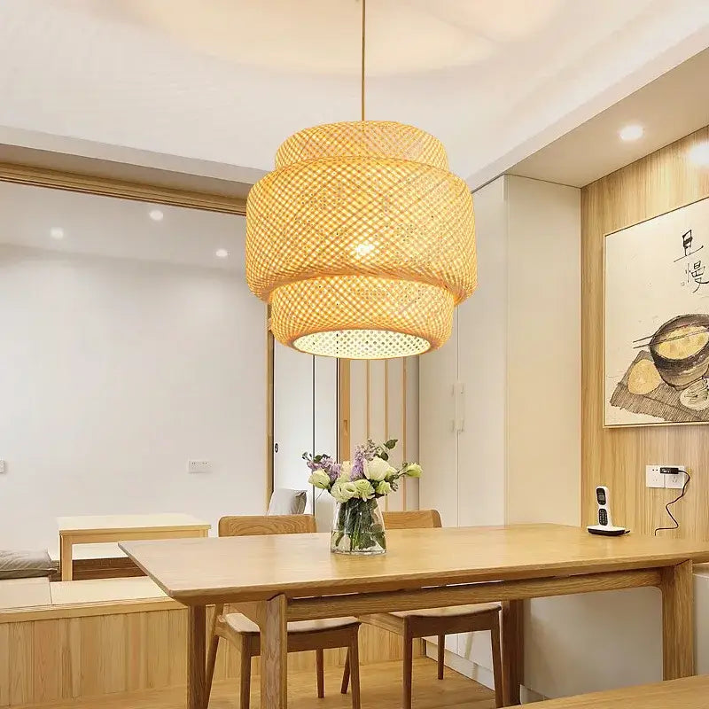 Handcrafted tiered natural bamboo pendant lamp for dining room