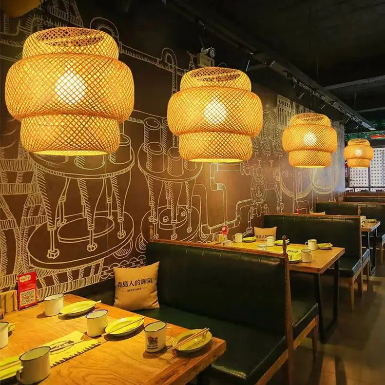 Handcrafted tiered natural bamboo pendant lamp for dining room