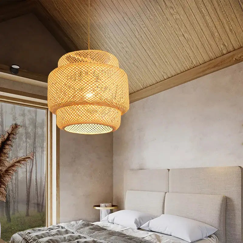 Handcrafted tiered natural bamboo pendant lamp for dining room