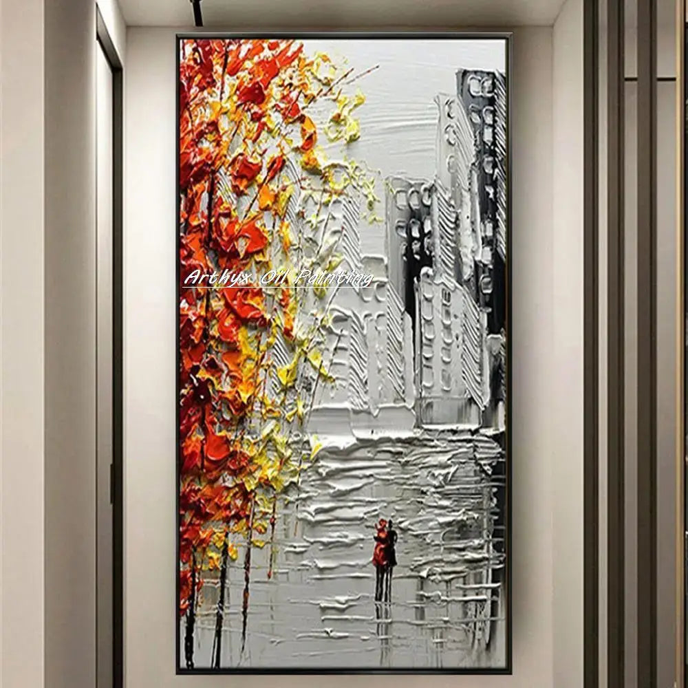 Vibrant autumn city landscape oil painting living room wall art