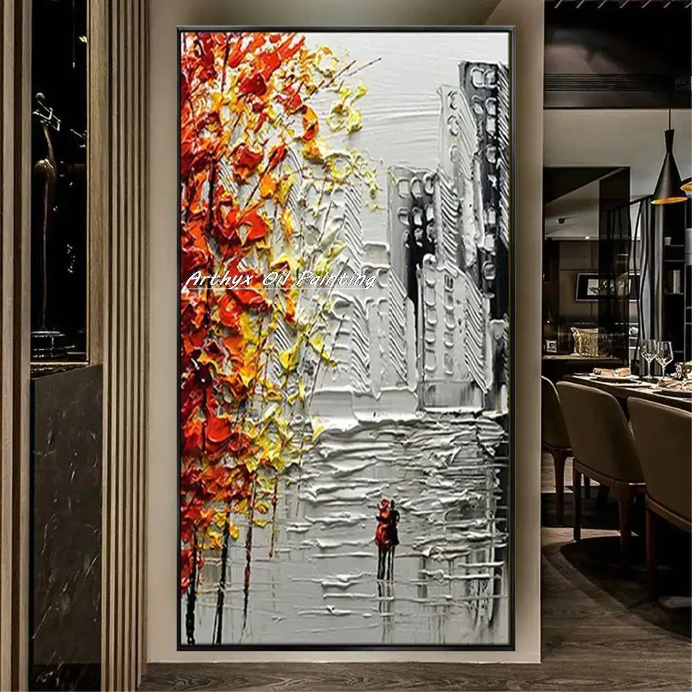 Vibrant autumn city landscape oil painting living room wall art