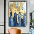 Handmade abstract oil painting blue & gold wall art living room