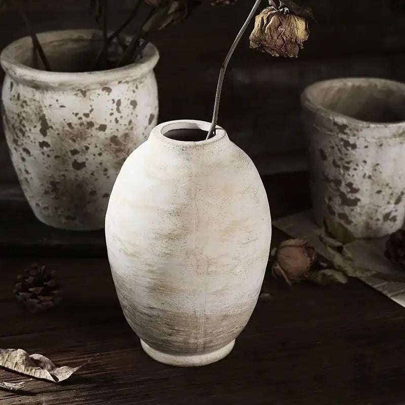 Rustic white speckled handmade ceramic vase living room decor