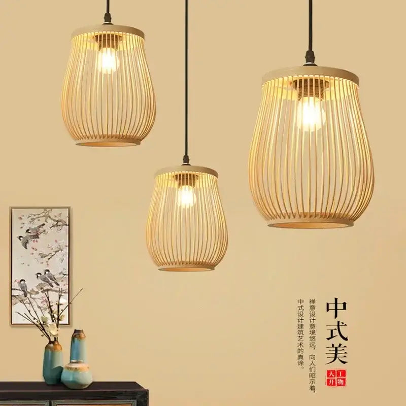 Handmade chinese rattan wicker pendant 3 light set for dining room
