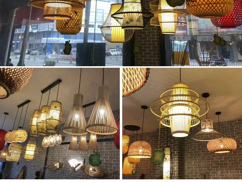 Handmade chinese rattan wicker pendant 3 light set for dining room