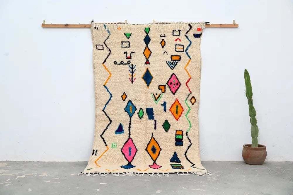 Handmade moroccan azilal rug beige colorful geometric living room