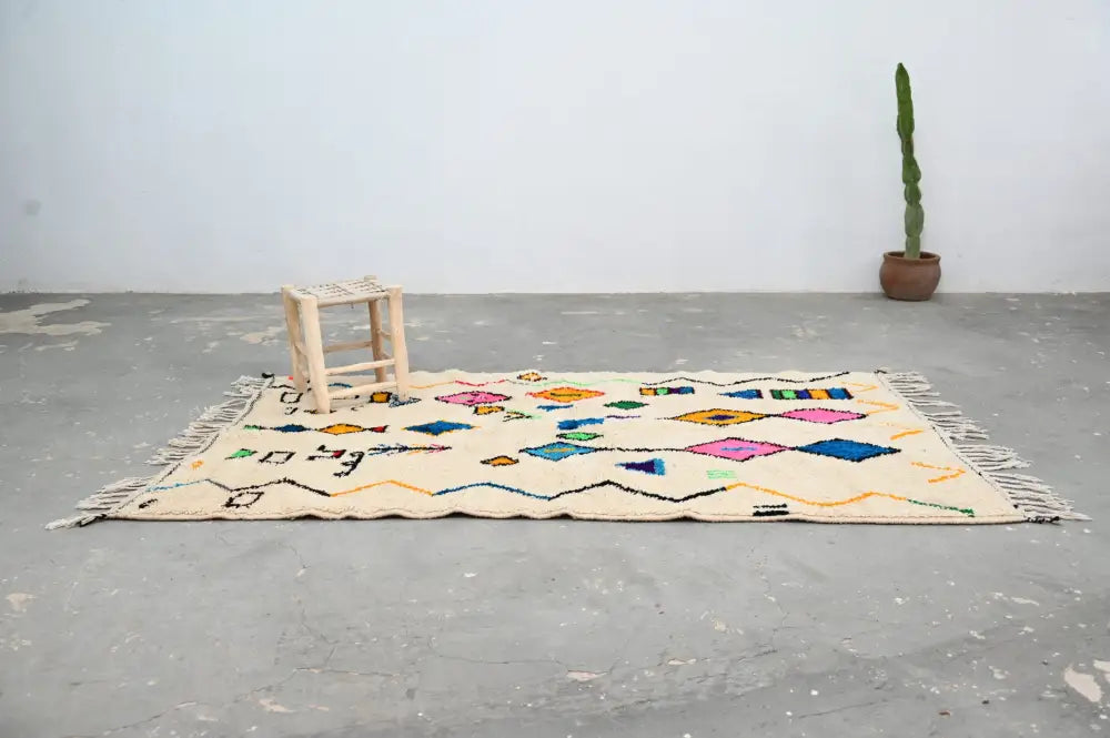 Handmade moroccan azilal rug beige colorful geometric living room