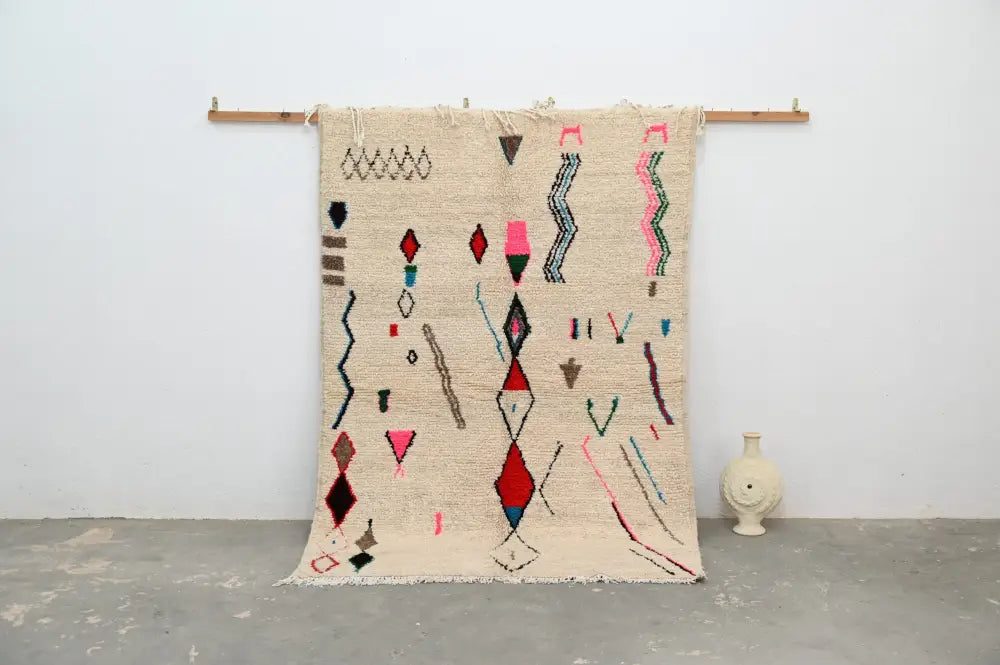 Handmade beige geometric azilal rug – bedroom natural wool decor