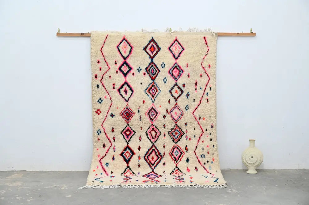 Handmade traditional azilal rug beige and pink bedroom decor