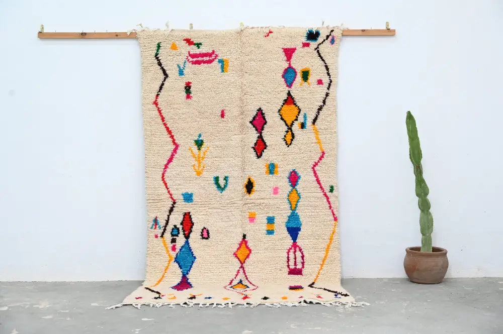 Handmade traditional azilal beige geometric rug bedroom decor