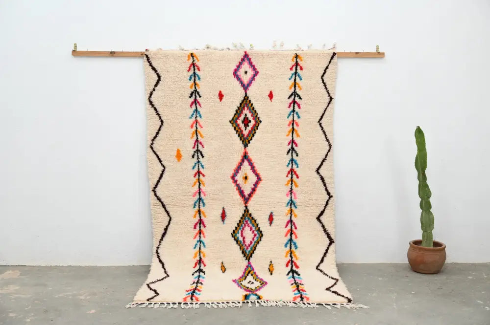 Handmade moroccan azilal rug beige geometric bedroom carpet