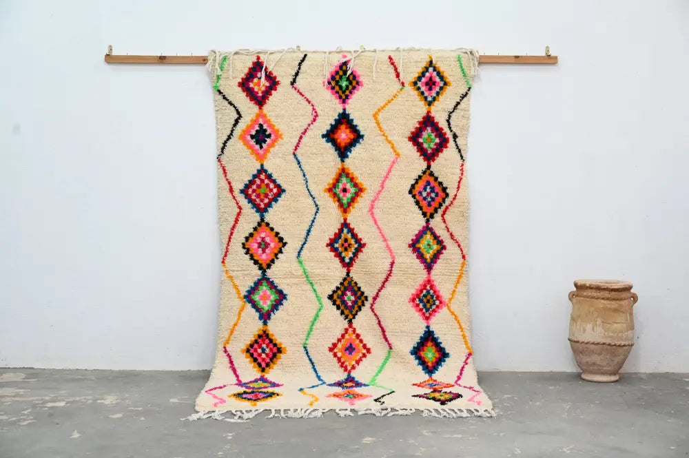 Handmade beige geometric azilal rug living room moroccan decor