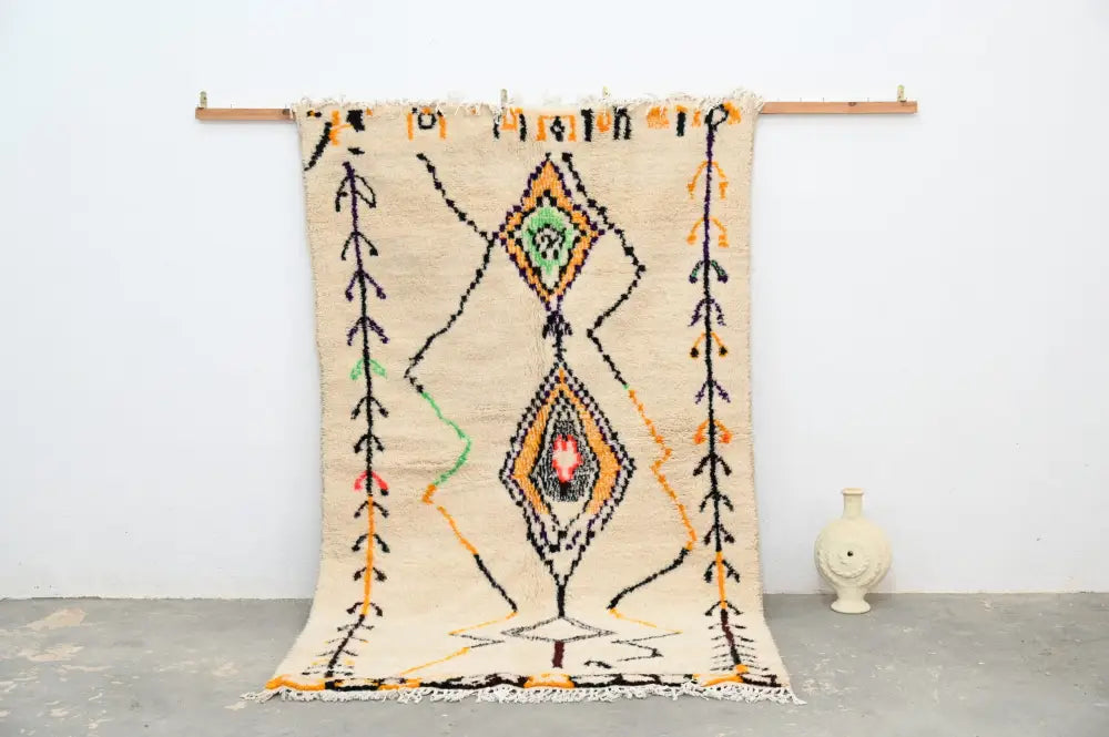 Handmade beige moroccan azilal rug geometric living room decor
