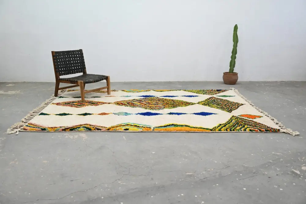 Handmade moroccan azilal rug beige geometric living room decor