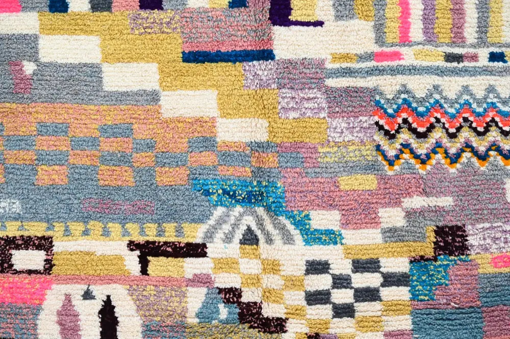 Handmade moroccan azilal rug earthy patchwork living room decor