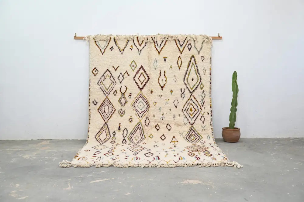 Handmade moroccan azilal rug cream geometric living room carpet