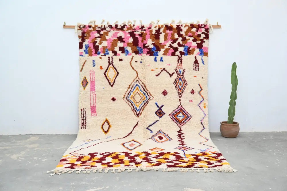 Handmade moroccan azilal rug beige geometric living room decor