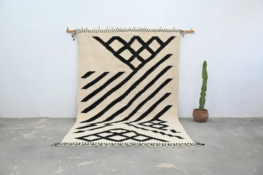 Handmade moroccan azilal rug beige & black wool living room decor