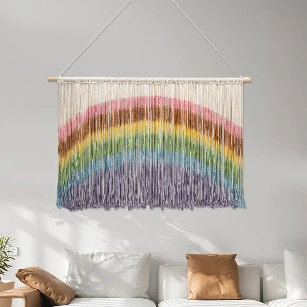 Handmade weaving pastel rainbow macrame wall hanging bedroom decor